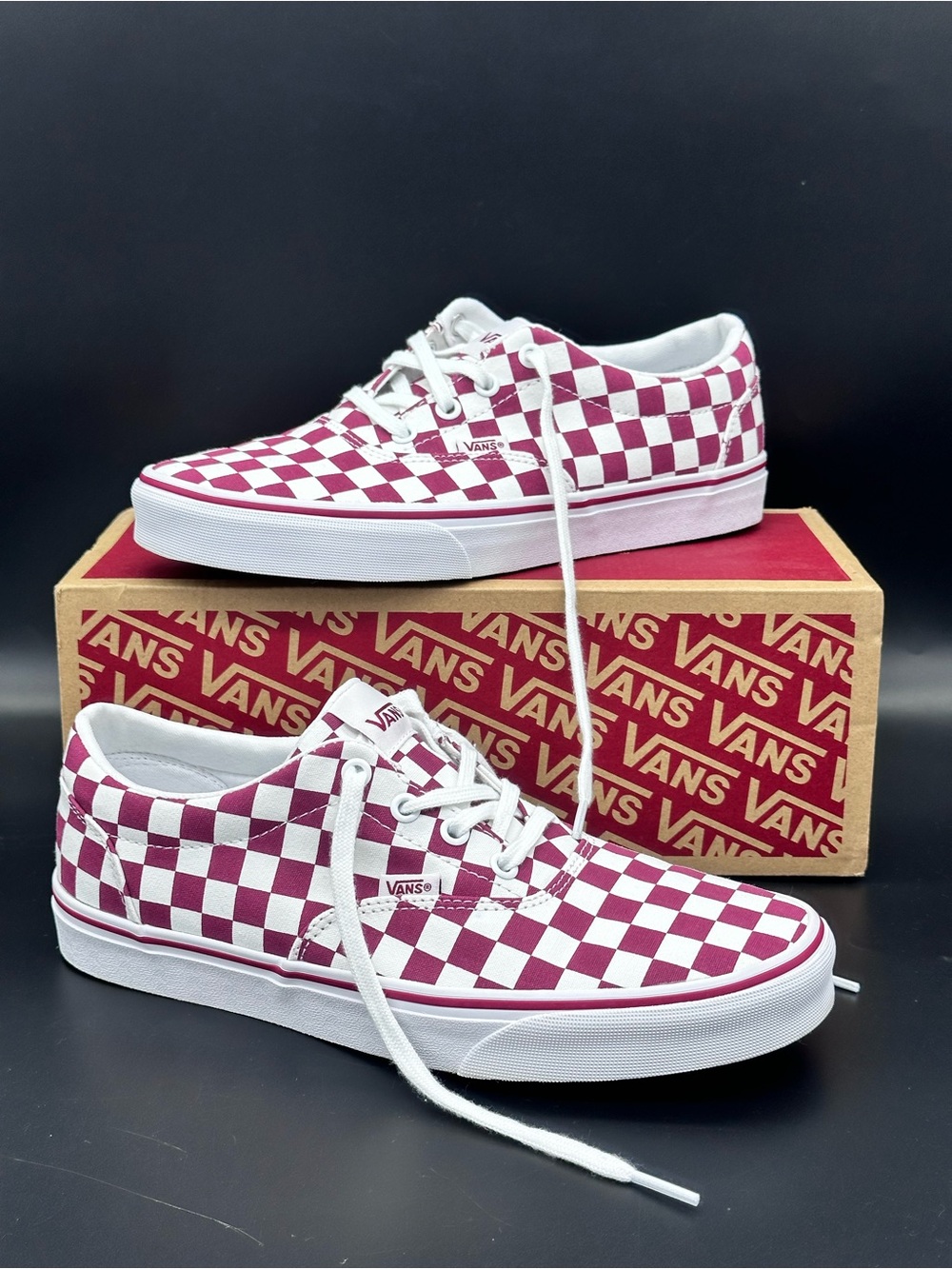 Size 9.5 Vans Doheny Checkerboard Women’s Burgundy Red White Canvas Skate Shoes